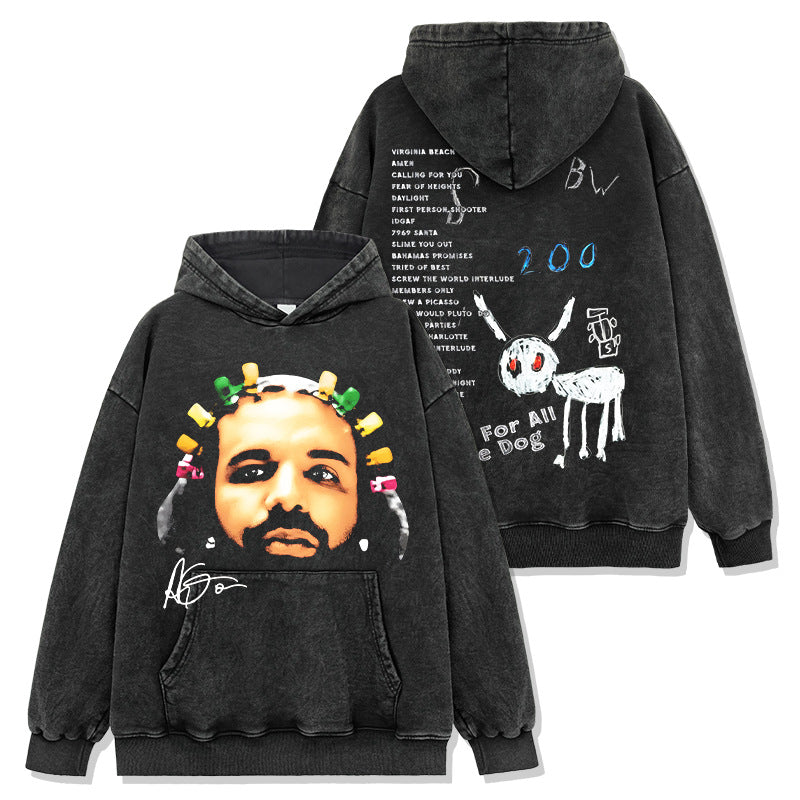 Hip Hop Drake DRAKE Printed Short Sleeve T-Shirt Washed Long Sleeve Loose Casual Hooded Sweater