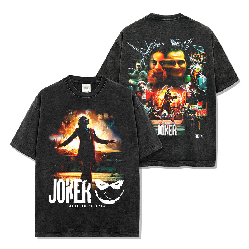 Vintage Joker Printed Short Sleeve T-Shirt Vintage Loose Heavy Crew Neck Hooded Sweater