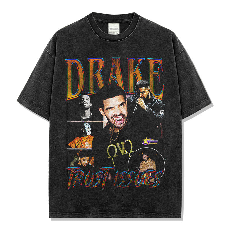 Hip Hop DRAKE Drake Printed Short Sleeve T-Shirt Washed Long Sleeve Crew Neck Loose Hooded Sweater
