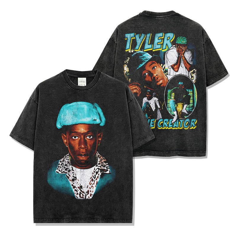 Hip Hop Tyler the Creator Printed Washed Short Sleeve T-Shirt Casual Crew Neck Loose Hooded Sweater
