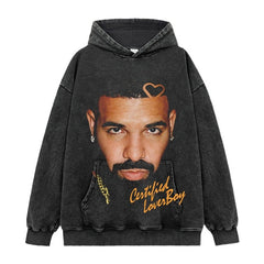 Vintage Drake Printed Short Sleeve T-Shirt Washed Old Long Sleeve Loose Hooded Sweater Men