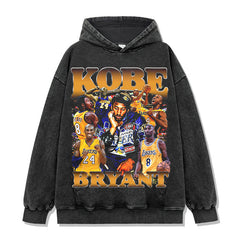 Retro trendy kobe printed short-sleeved t-shirt washed and old long-sleeved loose hooded sweater for men