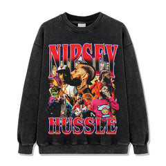 Vintage Hip Hop Nipsey Hussle Printed Short Sleeve T-Shirt Washed Long Sleeve Loose Hooded Sweater