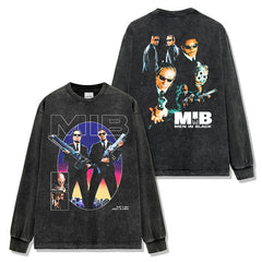 Men in Black Printed Washed Short Sleeve T-Shirt Casual Crew Neck Hooded Sweater Men