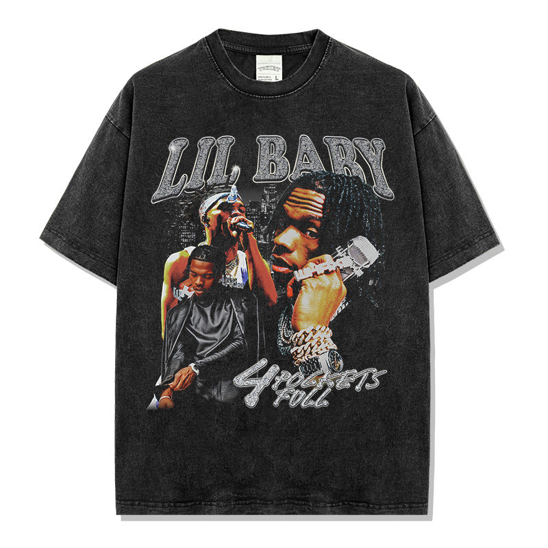 Hip hop lil baby print short-sleeved t-shirt washed long-sleeved loose casual heavy hooded sweater