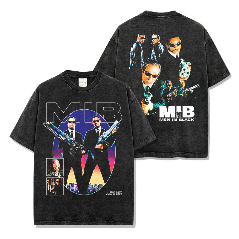 Men in Black Printed Washed Short Sleeve T-Shirt Casual Crew Neck Hooded Sweater Men