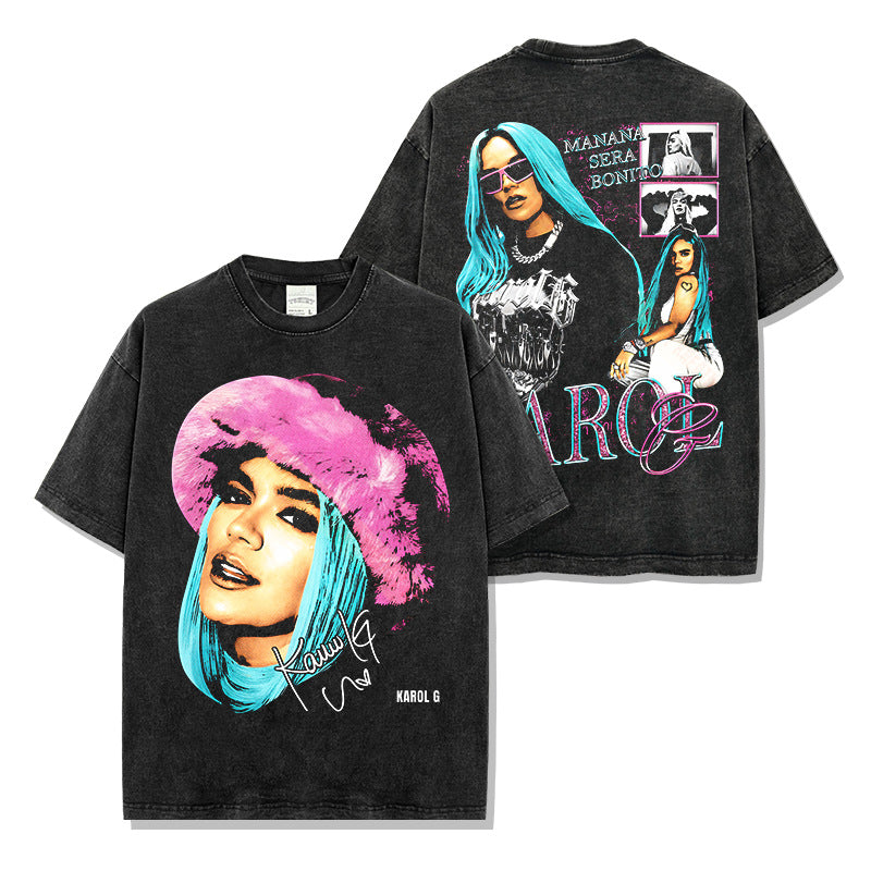 Hip Hop Karol G Printed Washed Short Sleeve T-Shirt Crew Neck Heavy Loose Hooded Sweater