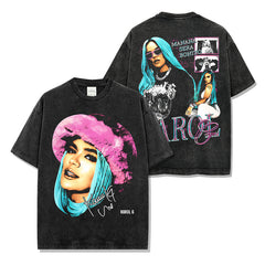 Hip Hop Karol G Printed Washed Short Sleeve T-Shirt Crew Neck Heavy Loose Hooded Sweater