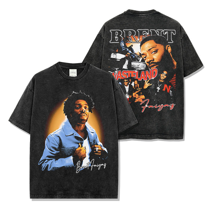 Brent Faiyaz Printed Washed Short Sleeve T-Shirt Crew Neck Heavy Hooded Sweater Men