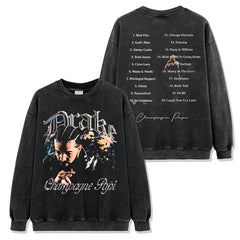 Hip Hop Drake Double Sided Printed Washed Short Sleeve T-Shirt Crew Neck Loose Hooded Sweater