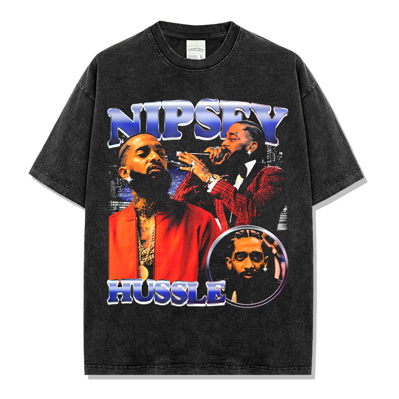 Hip Hop Nipsey Hussle Printed Short Sleeve T-Shirt Washed Long Sleeve Loose Casual Hooded Sweater
