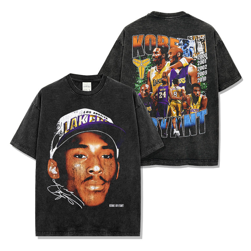 Vintage Kobe KOBE double-sided print washed short-sleeved T-shirt crew neck heavy hooded sweater