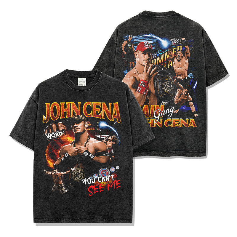 JOHN CENA John Cena print washed short-sleeved T-shirt round neck loose hooded sweater men