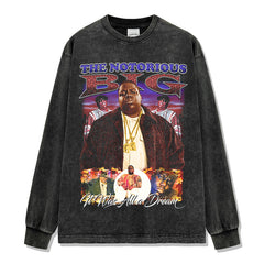 Hip hop biggie smalls printed short-sleeved t-shirt washed and done old long-sleeved loose hooded sweater