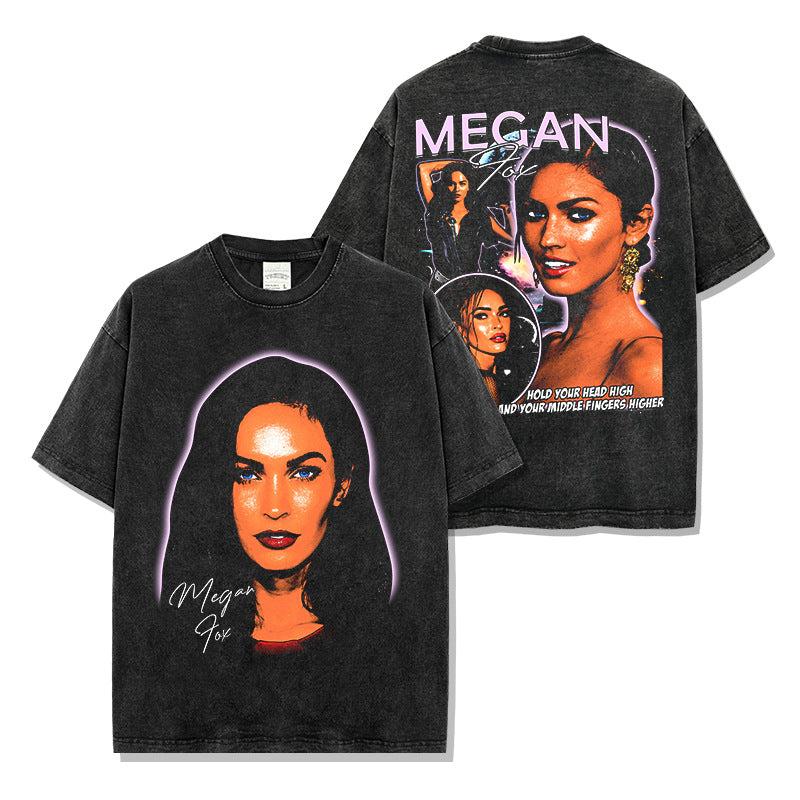 Vintage Megan MEGANFOX Printed Short Sleeve T-Shirt Loose Heavy Crew Neck Hooded Sweater Men's Trend