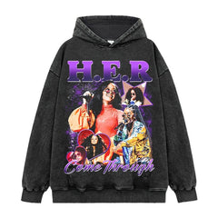 Hip Hop HER Printed Short Sleeve T-Shirt Washed Old Long Sleeve Loose Casual Heavy Hooded Sweater Men