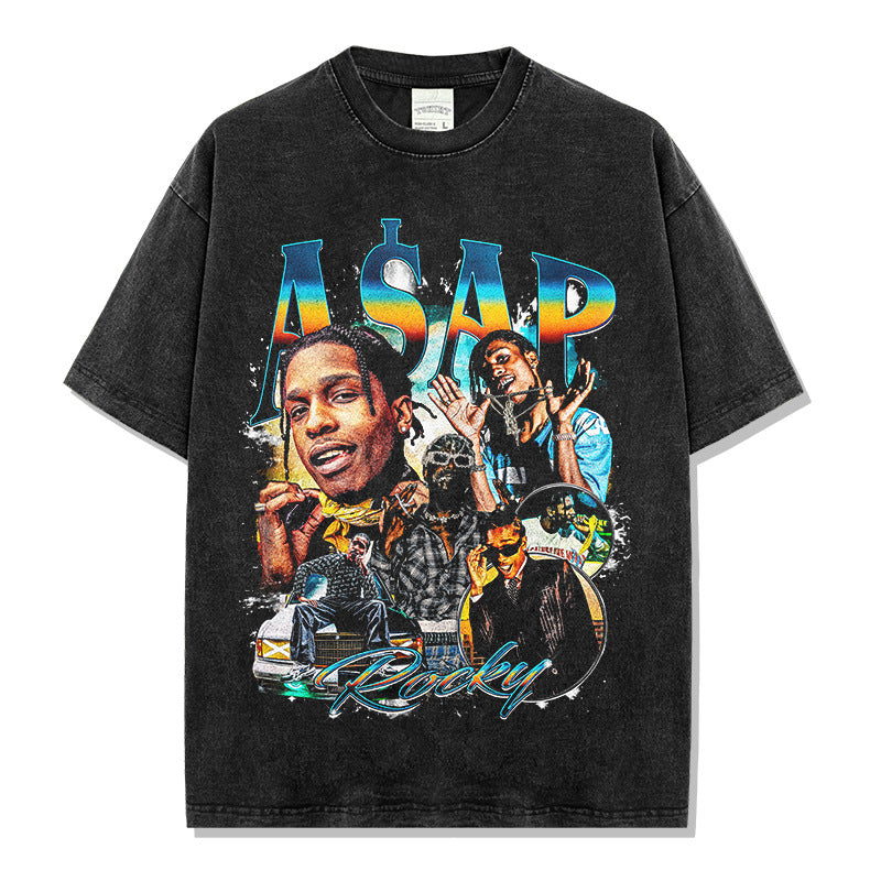 Hip Hop A $AP Rocky Printed Short Sleeve T-Shirt Washed Long Sleeve Loose Blockbuster Hooded Sweater Men