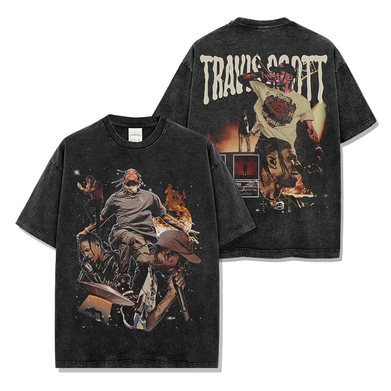 Vintage Hip Hop TRAVIS SCOTT Printed Short Sleeve T-Shirt Washed Long Sleeve Loose Hooded Sweater