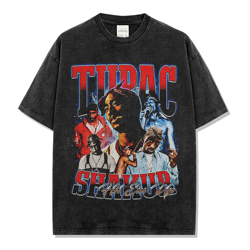 Hip Hop Tupac Printed Short Sleeve T-Shirt Washed Old Long Sleeve Loose Heavy Hooded Sweater Men