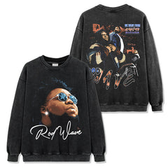 Hip-hop Rod Wave double-sided printed washed short-sleeved T-shirt with loose crewneck hooded sweatshirt