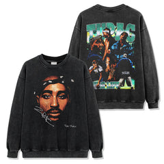 Hip Hop 2PAC TUPAC Printed Washed Short Sleeve T-Shirt Crew Neck Heavy Loose Hooded Sweater Men