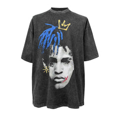 Vintage XXX Tentacion Printed Short Sleeve T-Shirt Vintage Washed Heavy Cotton Crew Neck T