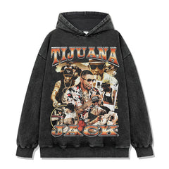 Hip Hop Tijuana Jack Printed Short Sleeve T-Shirt Washed Long Sleeve Loose Heavy Hooded Sweater