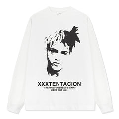 Vintage Hip Hop XXX Tentacion Printed Short Sleeve T-Shirt Cotton Crew Neck Long Sleeve Loose Hooded Sweater