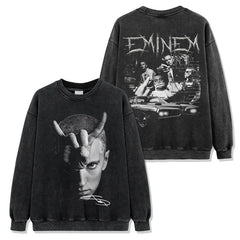 Vintage Eminem Double Sided Printed Short Sleeve T-Shirt Washed Long Sleeve Loose Hooded Sweater