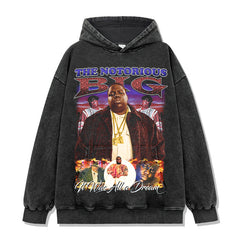 Hip hop biggie smalls printed short-sleeved t-shirt washed and done old long-sleeved loose hooded sweater