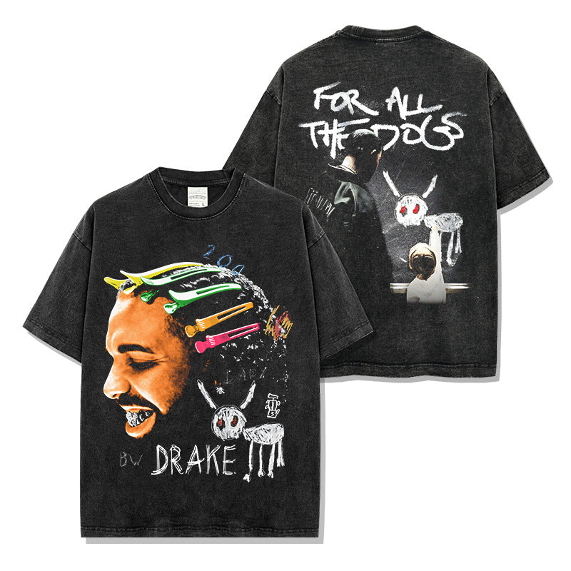 Vintage Drake DRAKE double-sided printed short-sleeved t-shirt washed long-sleeved loose hooded sweater