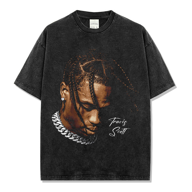 Hip hop travis scott print wash short sleeve t-shirt crew neck long sleeve loose hooded sweater