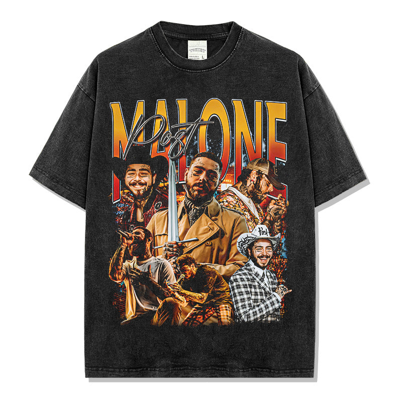 Ma Long Post Malone Printed Short Sleeve T-Shirt Washed Long Sleeve Loose Heavy Hooded Sweater Men