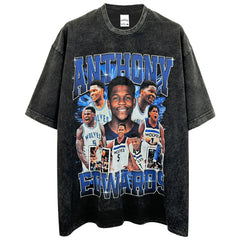 Vintage Anthony Printed Short Sleeve T-Shirt Vintage Washed Loose Heavyweight Crew Neck T