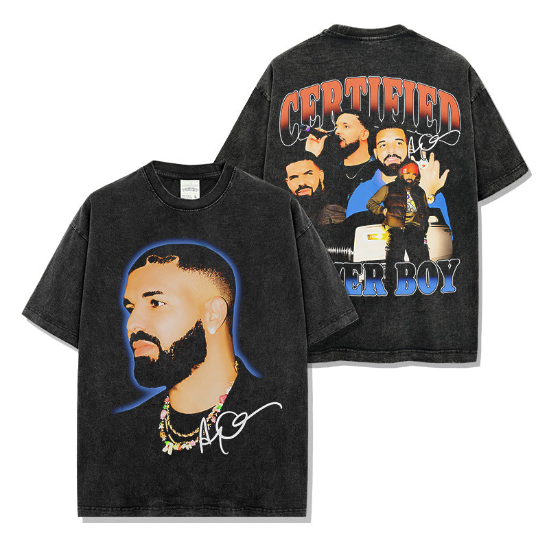 Vintage Drake DRAKE Printed Short Sleeve T-Shirt Washed Long Sleeve Crew Neck Casual Hooded Sweater Men
