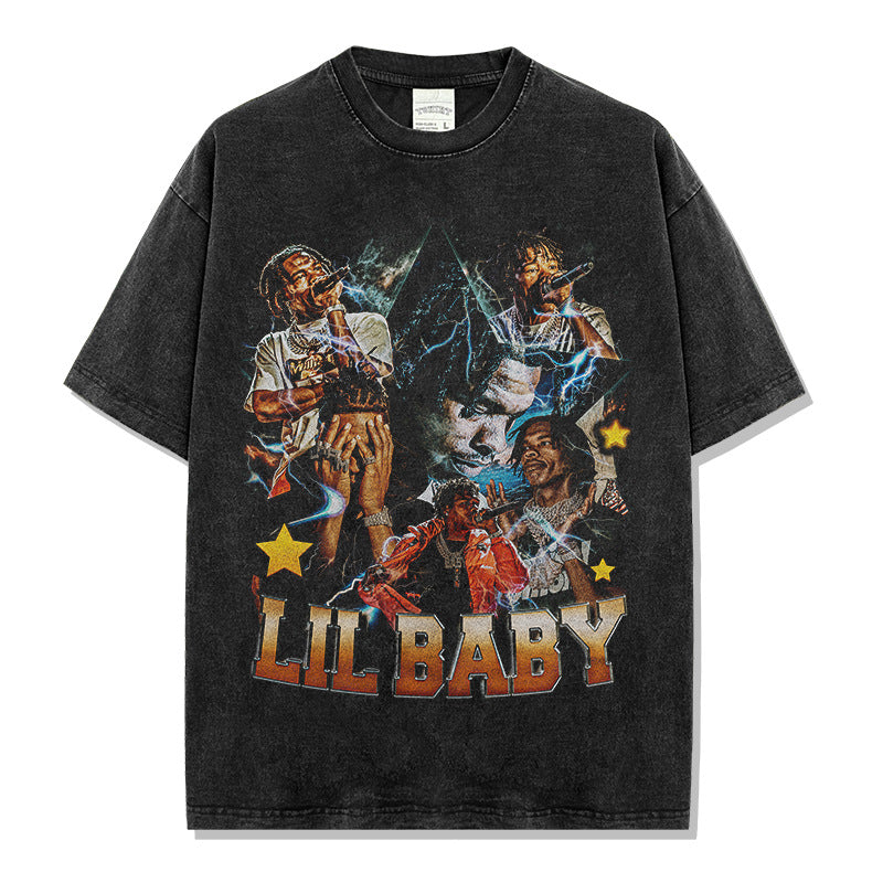 Hip Hop Babe Lil Baby Printed Short Sleeve T-Shirt Washed Long Sleeve Crew Neck Loose Hooded Sweater