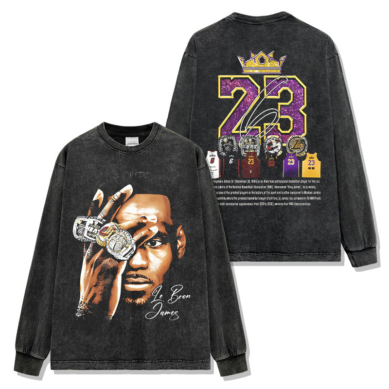 James LeBron James Printed Short Sleeve T-Shirt Washed Crew Neck Long Sleeve Hooded Sweater Men
