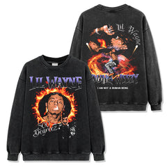 Hip Hop Lil Wayne Printed Washed Short Sleeve T-Shirt Crew Neck Loose Hooded Sweater