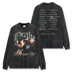 Hip Hop Drake Double Sided Printed Washed Short Sleeve T-Shirt Crew Neck Loose Hooded Sweater