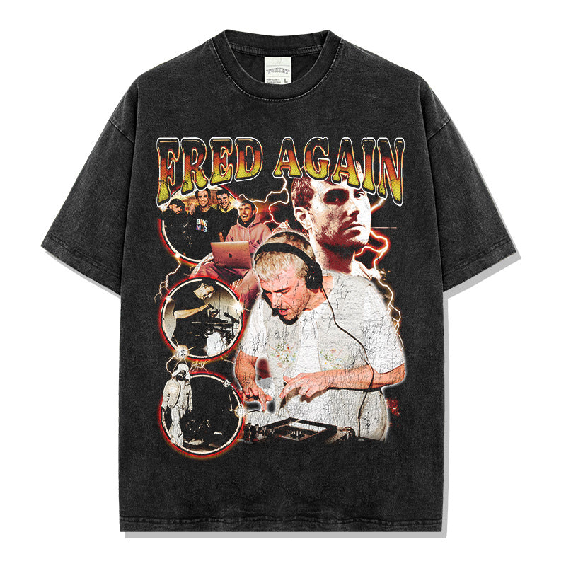 Vintage Fred Again Printed Short Sleeve T-Shirt Vintage Washed Loose Heavy Cotton Crew Neck