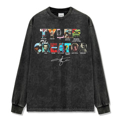 Hip Hop Tyler the Creator Print Washed Crew Neck Long Sleeve Loose Hooded Sweater Men