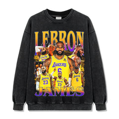 James James Printed Short Sleeve T-Shirt Old Washed Long Sleeve Crew Neck Loose Hooded Sweater Men