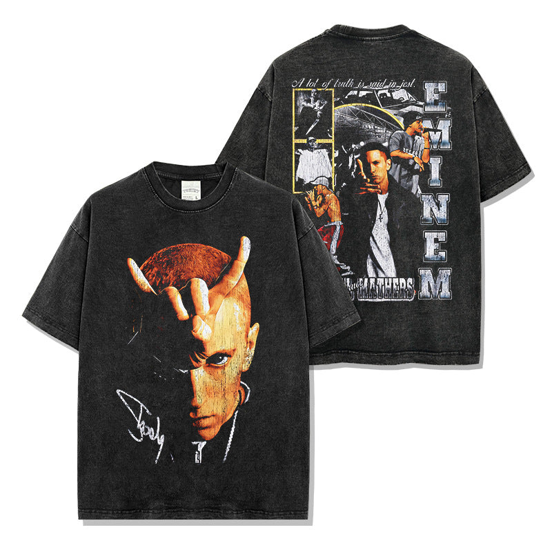 Hip Hop Eminem Eminem Printed Washed Short Sleeve T-Shirt Crew Neck Heavy Hooded Sweater Men