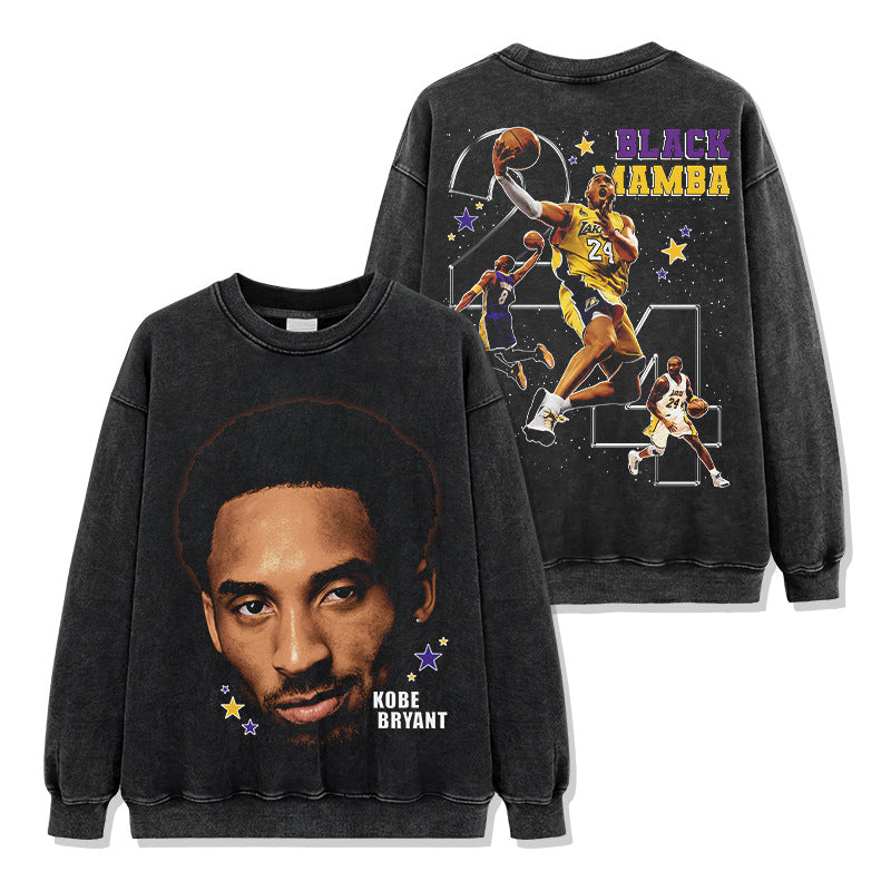 Vintage Trend KOBE Printed Short Sleeve T-Shirt Vintage Loose Heavyweight Crew Neck Hooded Sweater Men