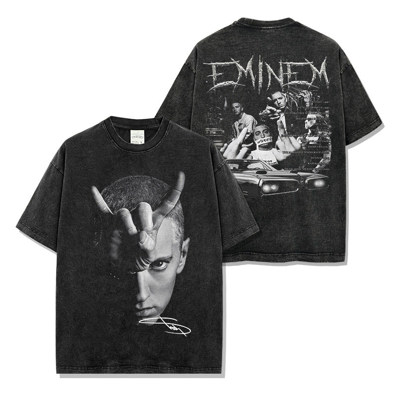 Vintage Eminem Double Sided Printed Short Sleeve T-Shirt Washed Long Sleeve Loose Hooded Sweater