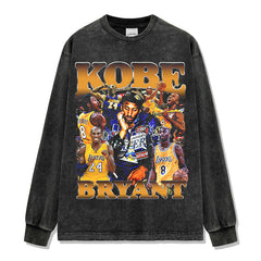Retro trendy kobe printed short-sleeved t-shirt washed and old long-sleeved loose hooded sweater for men