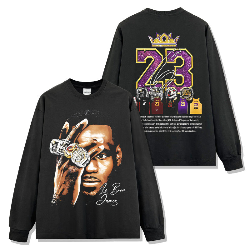 James LeBron James Printed Short Sleeve T-Shirt Washed Crew Neck Long Sleeve Hooded Sweater Men