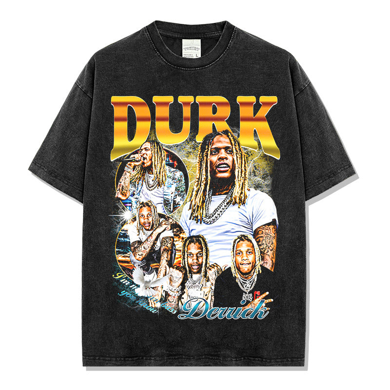 Lil Durk Print Washed Short Sleeve T-Shirt Crew Neck Long Sleeve Hooded Sweater Men