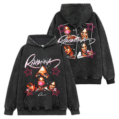 Rihanna print short-sleeved t-shirt washed long-sleeved loose hooded sweater men's casual