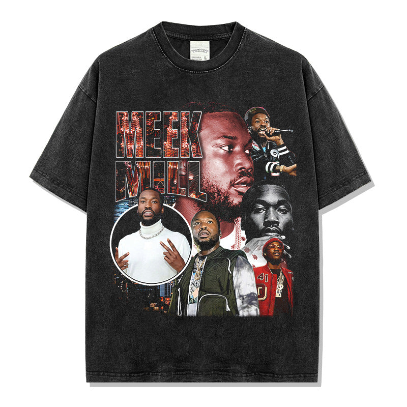 Hip Hop Mick MEEK MILL Printed Short Sleeve T-Shirt Washed Long Sleeve Loose Blockbuster Hooded Sweater